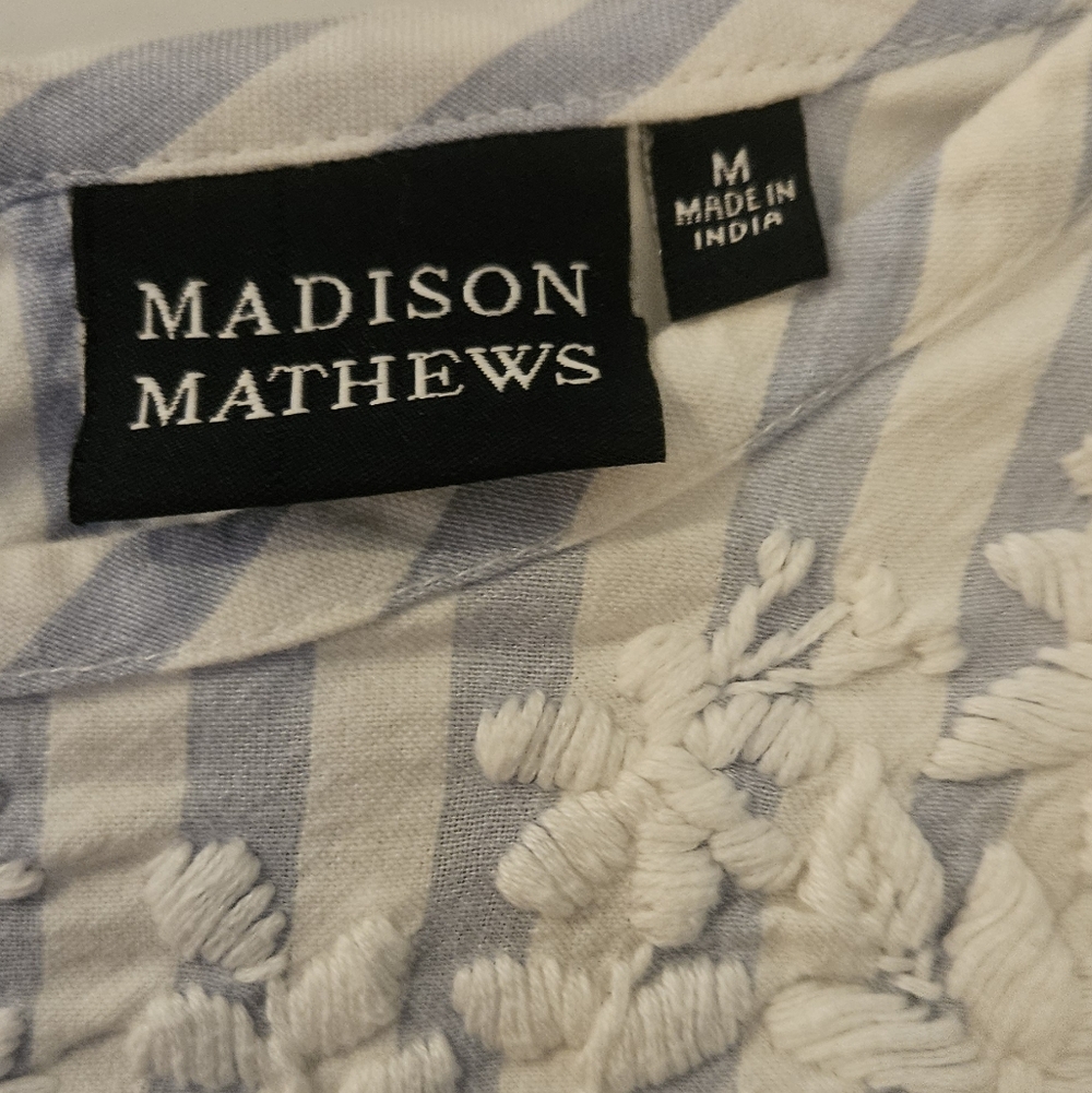 Madison Matthews Striped Blue and White Dress with Floral Embroidery- MEDIUM - Picture 2 of 7